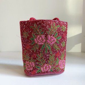 Vintage fully beaded red pink Floral evening Prom Purse